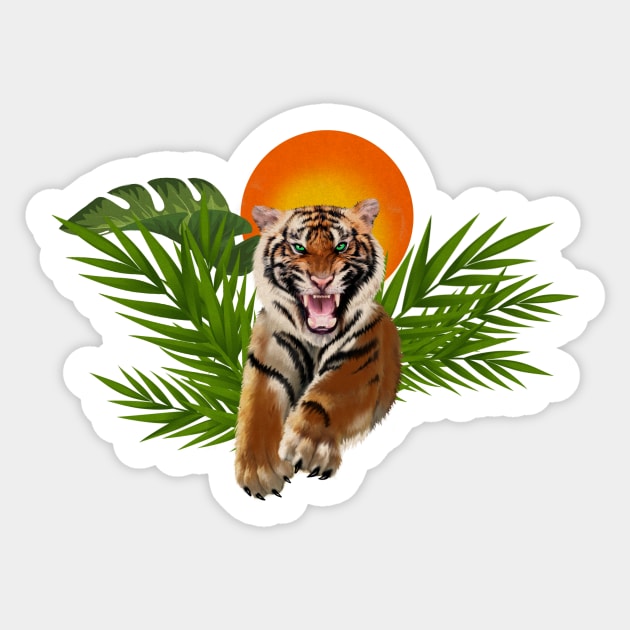 Tropical Tiger, Big Cat, Animal Sunset Sticker by logiamerch